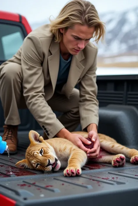 A young lion cub, light brown in color, lies injured in the bed of a red pickup truck. The cub is positioned in the lower center of the image, its body angled diagonally across the truck's bed. Visible wounds are covered in blood, and a person's hand is po...