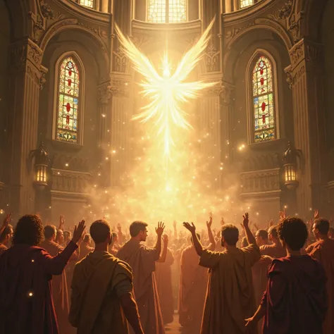 Holy Spirit, Pentecost,  with the phrase "HE COMES, Holy Spirit, HE COMES!"  printed on the image 