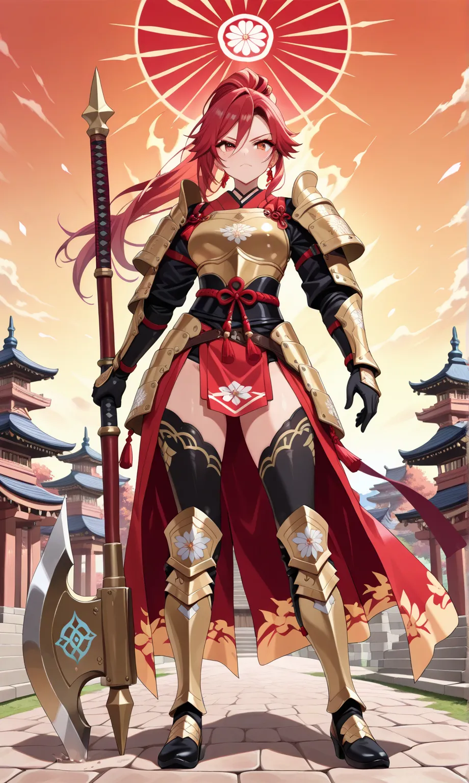 (((masterpiece, best quality, high detailed, 16k))) (1girl) A fierce warrior with a fiery mane of bright red hair, clad in ornate gold and crimson armor. Her eyes blaze with the intensity of a rising sun, and she wields a massive battle axe, etched with an...