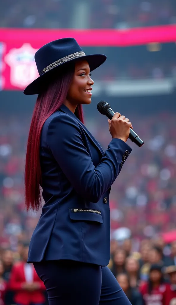 A full-body shot of an African American woman with smooth, dark skin and a straight lace-front wig styled with a middle part in a rich cherry plum shade, standing confidently in the center. She grips a microphone in one handStep into the vibrant energy of ...