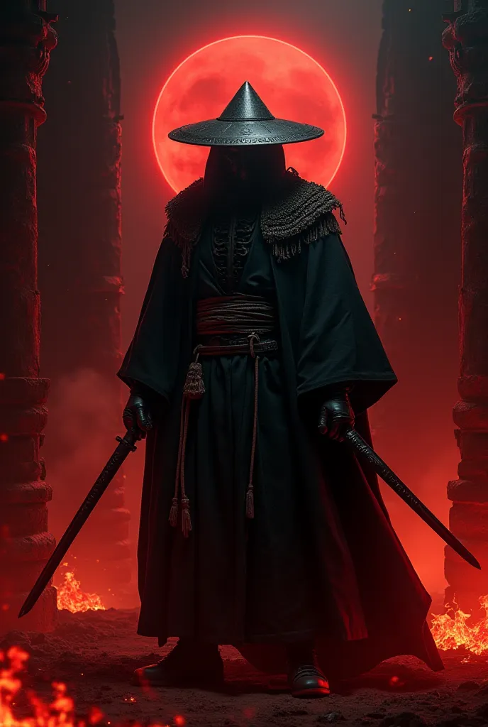 You can create a dark background with fiery red touches and flames and biased souls for a poster with a sinister black spectrum, Mad Max style, with Japanese katanas in both hands, making a combat posture of the chief of the armies of the dark ancestors in...