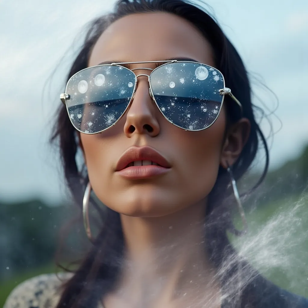 The model is wearing glass sunglasses with stars and the moon on the glass