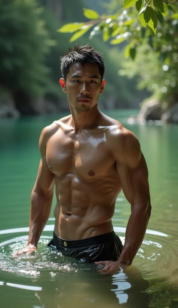 An asian male action actor, handsome, proportionate and athletic,  is bathing in the river , Removing all his clothes, just wears transparent panties and looks saggy looking his erect cock. 