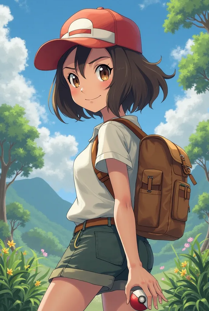 Pokemon trainer girl with pale skin and brown eyes and brown dark mi long hair 18 years old 