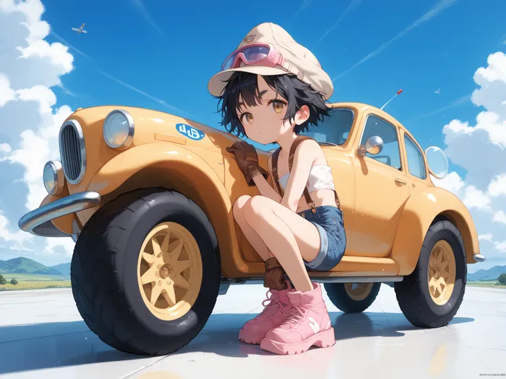 high quality,((megami magazine,anime style)),high resolution,Khaki Pilot hat,Pilot hat with goggle,Pink goggle,messy hair,cool eyes, tsurime ,very short hair,black hair,gold eyes,bushy eyebrows,sulking,white tube top,flat chest,brown leather gloves,Thumbtu...