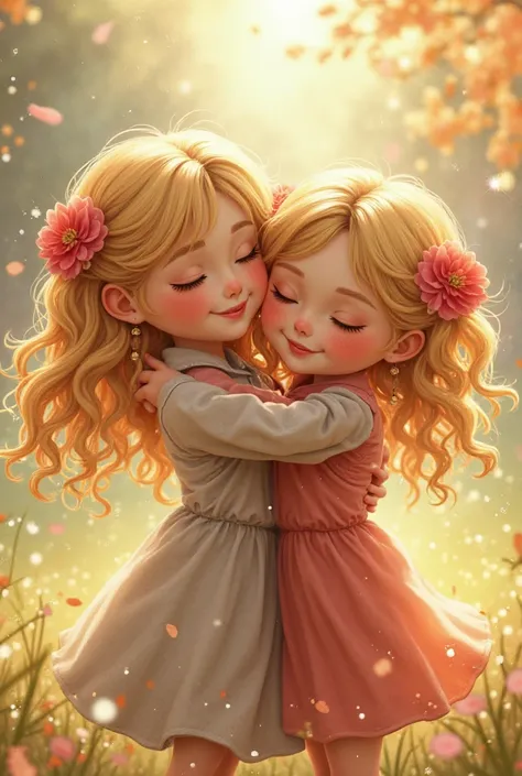 Two  girls with realistic blonde twin spring hug