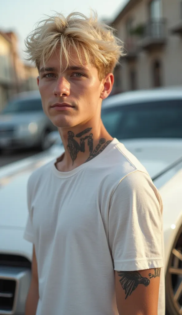 A 22-year-old white boy, with blond hair with lights, wearing a casual t-shirt and with a visible angel tattoo on his neck. He is posing next to a recessed white Saveiro, with modern details and sports wheels, on an URBAN street. Natural afternoon light il...