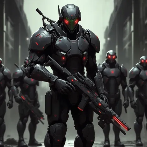 Futuristic senior officers in massive black and matt high-tech armor and exoskeleton(with rare red diodes),  Their helmet is designed in a high-tech style with a protective thin green visor and built-in infrared sensors and pointed ears, they are holding a...