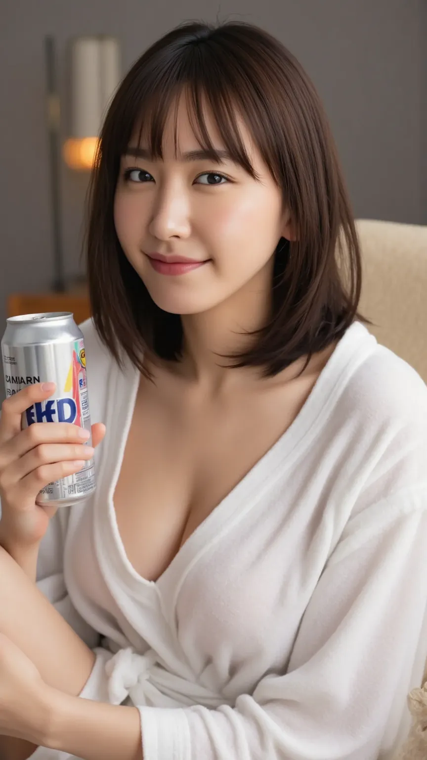 best quality, detailed, beautiful, insanely detailed, absurdres,perfect anatomy,
Japanese woman,black hair,27 years old,
(slender),
cheerful grin, sitting, half updo, (white bathrobe:1.1), (has a can of beer in hand:1.3),(cleavage:1.1), in the living room,...