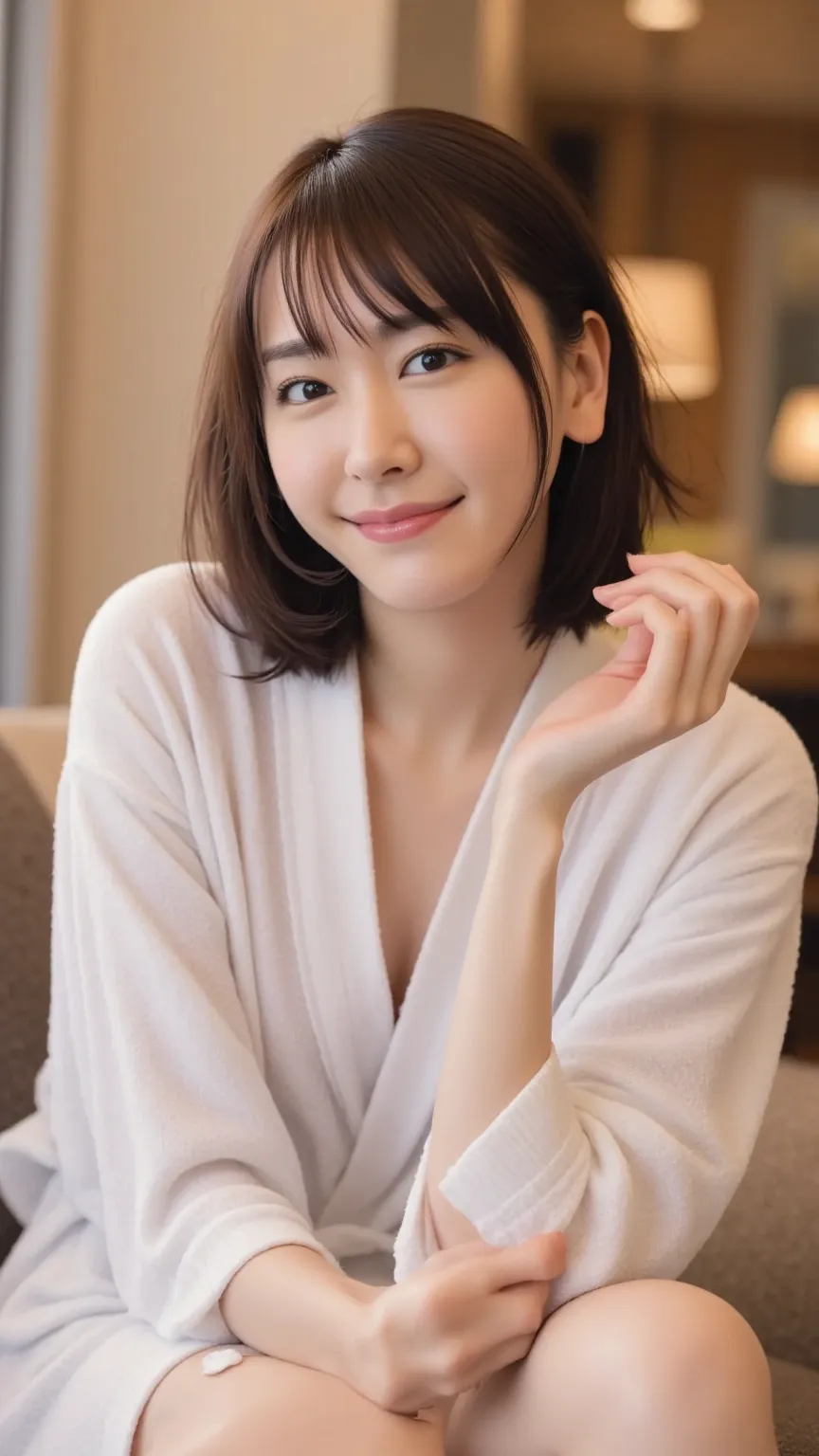 best quality, detailed, beautiful, insanely detailed, absurdres,perfect anatomy,
Japanese woman,black hair,27 years old,
(slender),
cheerful grin, sitting, half updo, (white bathrobe:1.1), (has a can of beer in hand:1.3),(cleavage:1.1), in the living room,...