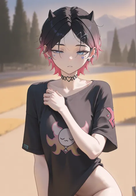 masterpiece, best quality, amazing quality, very aesthetic, absurdres,  newest, ,  1girl,  clove \(valorant\), short hair, small horns, black hair, pink hair, gradient hair, black shirt, blue eyes,  choker, 
Outdoors, naked, covering, sleepy