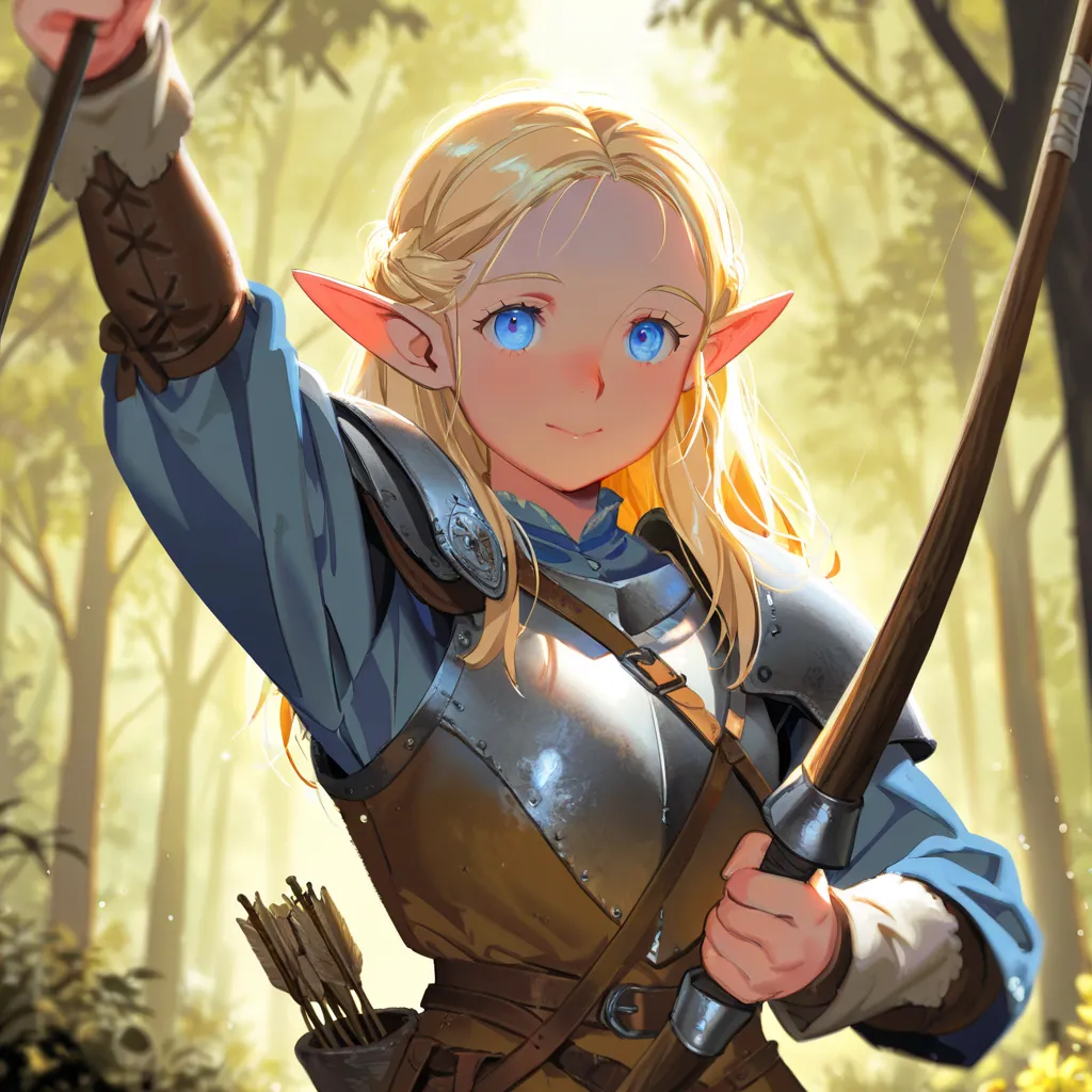 very awa, masterpiece, best quality, newest, highres, absurdres, Alphonse Mucha style, fun, fantasy, medieval European forest, 1 girl, upper body, Holding a weapon, Bow \(Weapon\), Arrow \(Projectile\), elf, attractive, blonde, blue eyes, cinematic lightin...