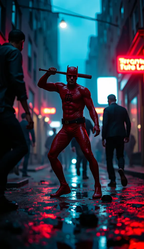 The Daredevil, with his iconic red costume, You're in the middle of a brutal fight against a gang of criminals in a dark and rainy alley in Hell's Kitchen. He delivers a swivel blow with his Billy Club bat, as three thugs fall around him. The lighting of t...