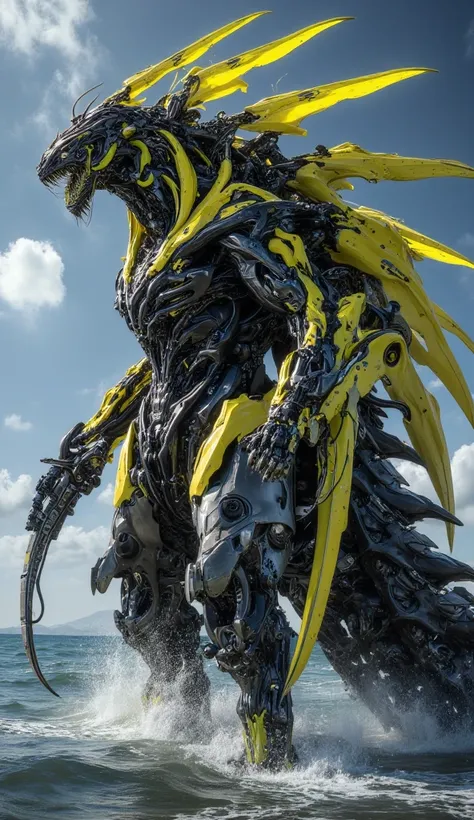 Hyper realistic image. High quality, 8K Ultra HD. Godzilla corrupted by the Banana Virus, an abomination that fuses his radioactive essence with cybernetic machines and organic mutation. is walking. with a terrifying posture. His scaly skin is now a patch ...