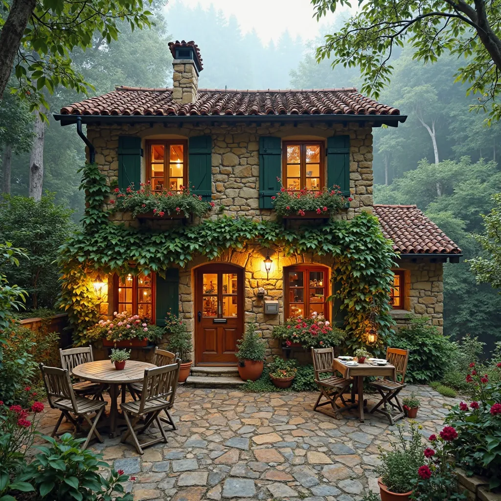 "A charming rustic stone house nestled in a lush green forest. The house features warm-toned stone walls, a terracotta-tiled roof, and wooden-framed windows glowing with soft interior lighting. Ivy and greenery drape over the front facade, adding to the co...