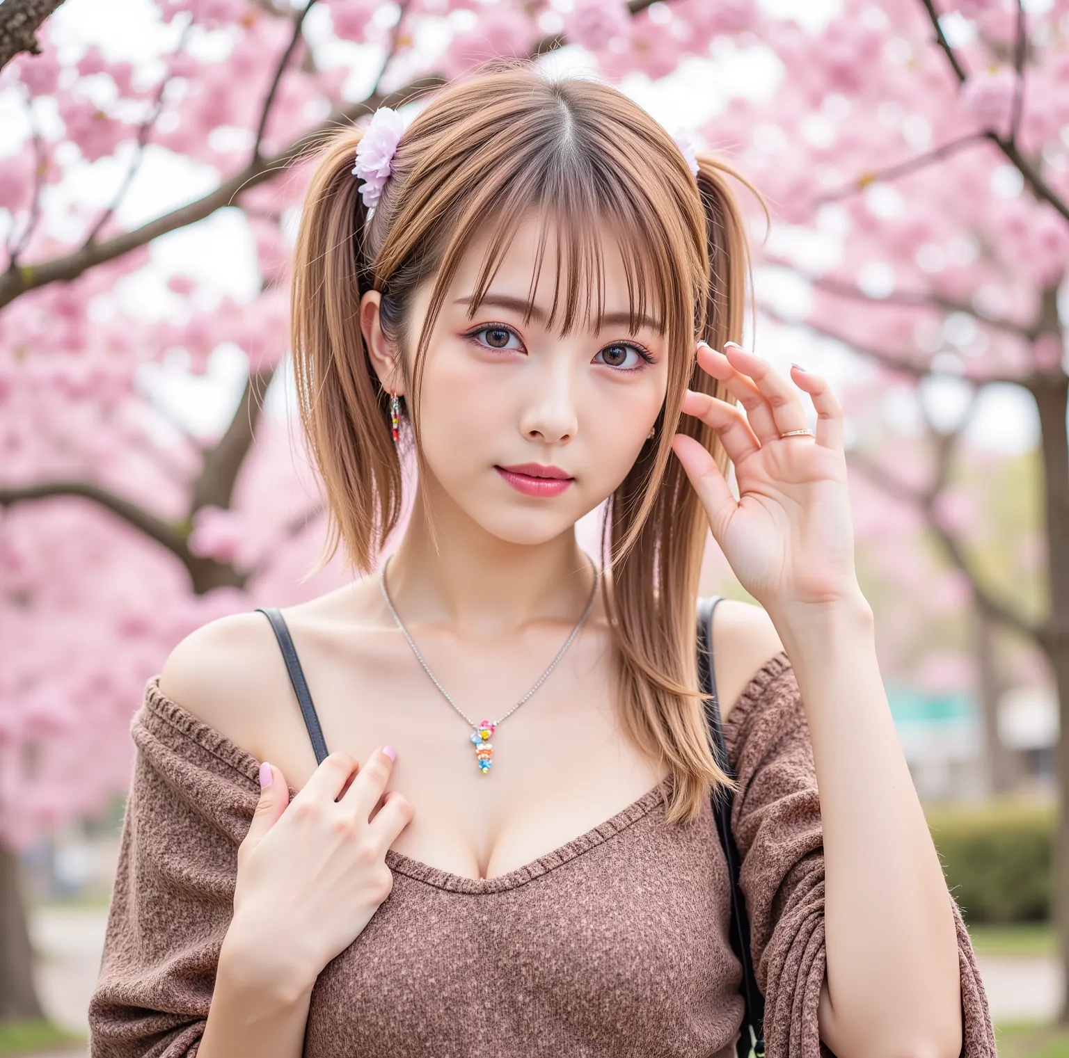 ((8K wallpaper)),((blonde hair)),((short twin tail)),((big breasts,Big Breasts)),(( beautiful Japanese girl)),((Intelligent Glasses)),((Cherry blossom background)),((colorful manicure for nails)),((earrings, necklaces)), ribbons, ((Brown lame wool dolman s...