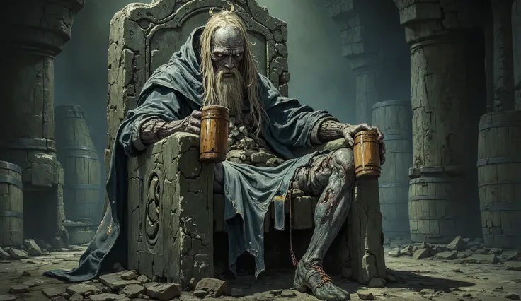 a very old zombie king is sitting on his partially destroyed and time-worn stone throne. The king has long thin hair and a thin beard, Already spent by time. The king wears a torn and old hooded robe. the king has his head down and what little is visible o...