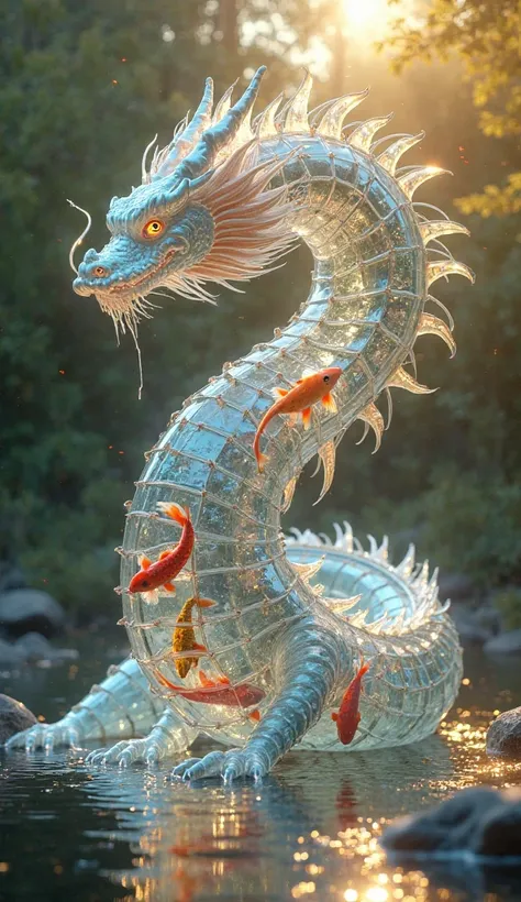 A giant dragon made of transparent glass, inside has koi swimming like a soul stream. Reflected sunlight creates a beautiful sparkling effect.