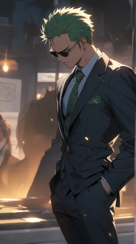 image of Roronoa Zoro character wearing a dark blue suit with sunglasses