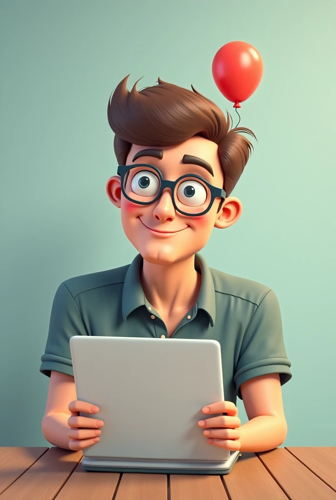 I want an image with a man wearing glasses with brown hair, looking at your notebook and just above a balloon with an arrow directed at the notebook just to indicate that the balloon is coming out of there. In that, I want three zero numbers inside it.