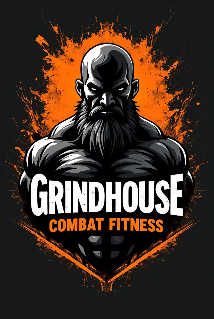 MMA ,boxing and powerlifting for fitness logo With black orange and white color theme With a beard and no face And the name Grindhouse combat fitness