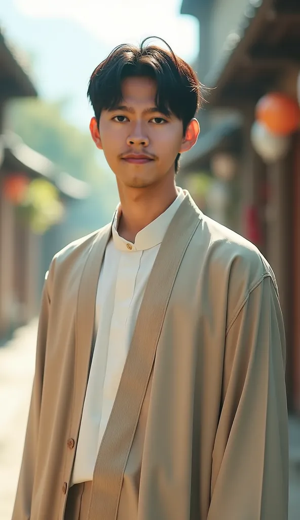 double exposure, cover photo of the film entitled "Friday Blessings". The cover shows a handsome Korean man trendy short hair, wearing muslim clothes,standing smiling slightly facing the camera. The background is a beautifull street. The overall image has ...