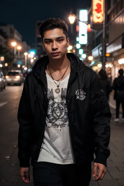 This image features a young man in a cool casual style, walks in the middle of the city at night. He wears a black jacket with a hoodie, combined with a black t-shirt that has a white tiger head image design with the inscription "SEDULUR PAHING" Underneath...