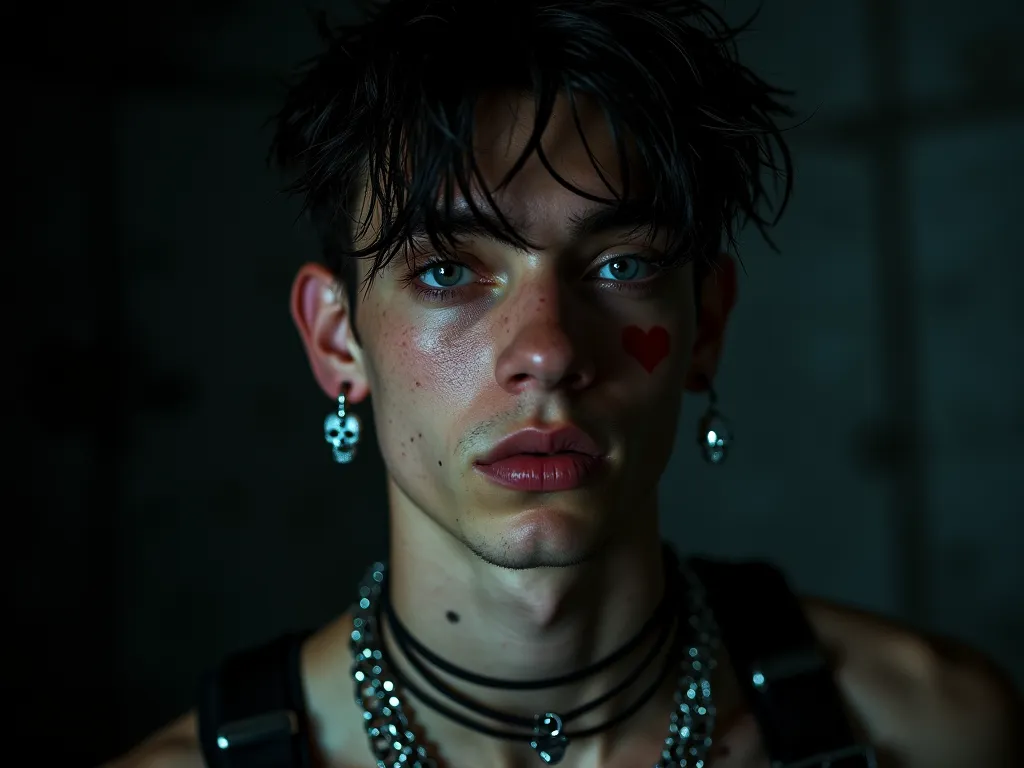 A close-up portrait of a young digital rebel in a pitch-black basement, where the background is swallowed by absolute darkness. A harsh camera flash overexposes his face, making it strikingly bright against the void behind him. His wet, tousled hair falls ...