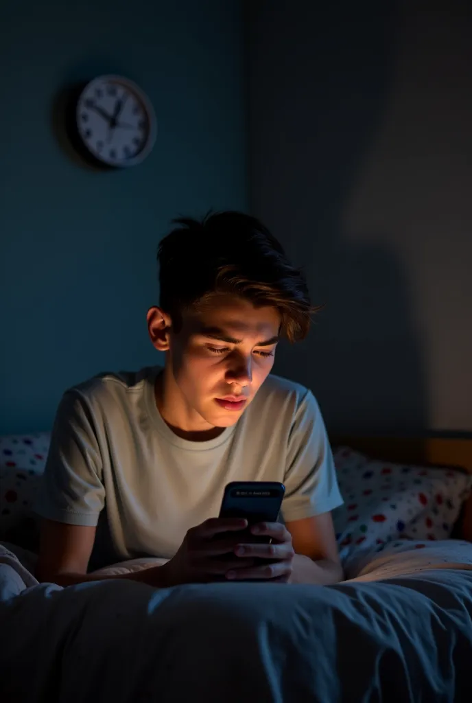 "A young person in their bedroom looking frustrated while staring at their phone, with a clock on the wall showing the time passing. They have a to-do list on the screen that says 'Start exercising,' but they look defeated and overwhelmed. The atmosphere f...