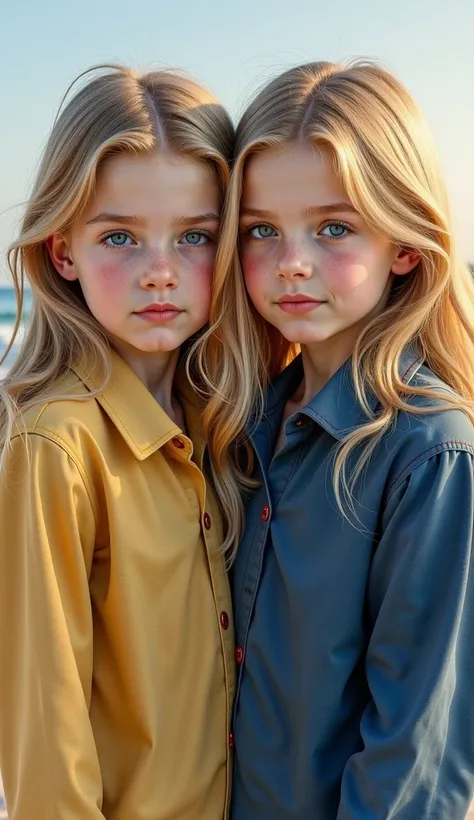  Deux jeune filles de 11 ans jumelle blonde primtemps réaliste s’enlacent realiste dans un style de peinture à l'aquarelle transparent, Eyes safe and   se concentrered .realiste ,faire preuve de prudence、 dangereux: 。Ses mouvements sont agiles、   se concen...