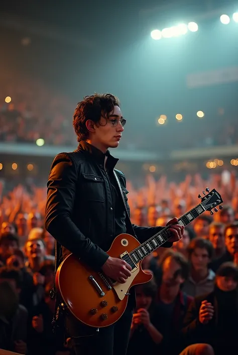 I want the person in the image to be in a stadium full of people, Where everyone is singing and jumping. He must be wearing the same glasses and dressed like a rocker and he has to be playing the guitar on stage., He's a rock musician.