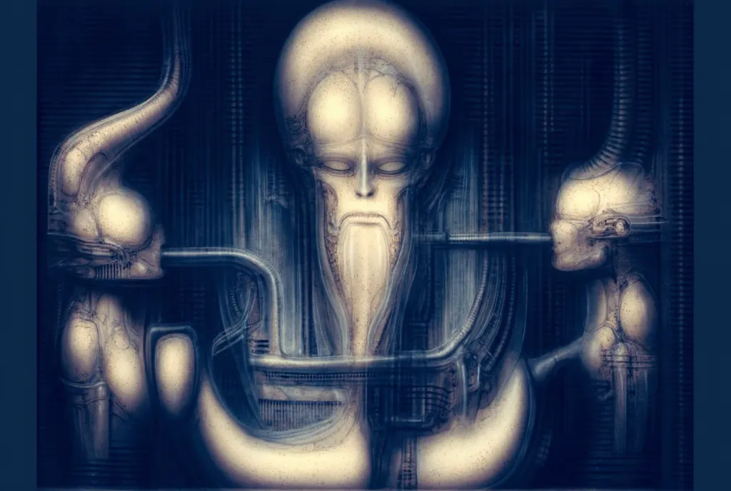 Please reproduce the original image as accurately as possible, capturing the intricate details of the biomechanical structures, the dramatic lighting, and the overall sense of unease. Find and enhance depiction of Giger's demons and creatures.(best quality...