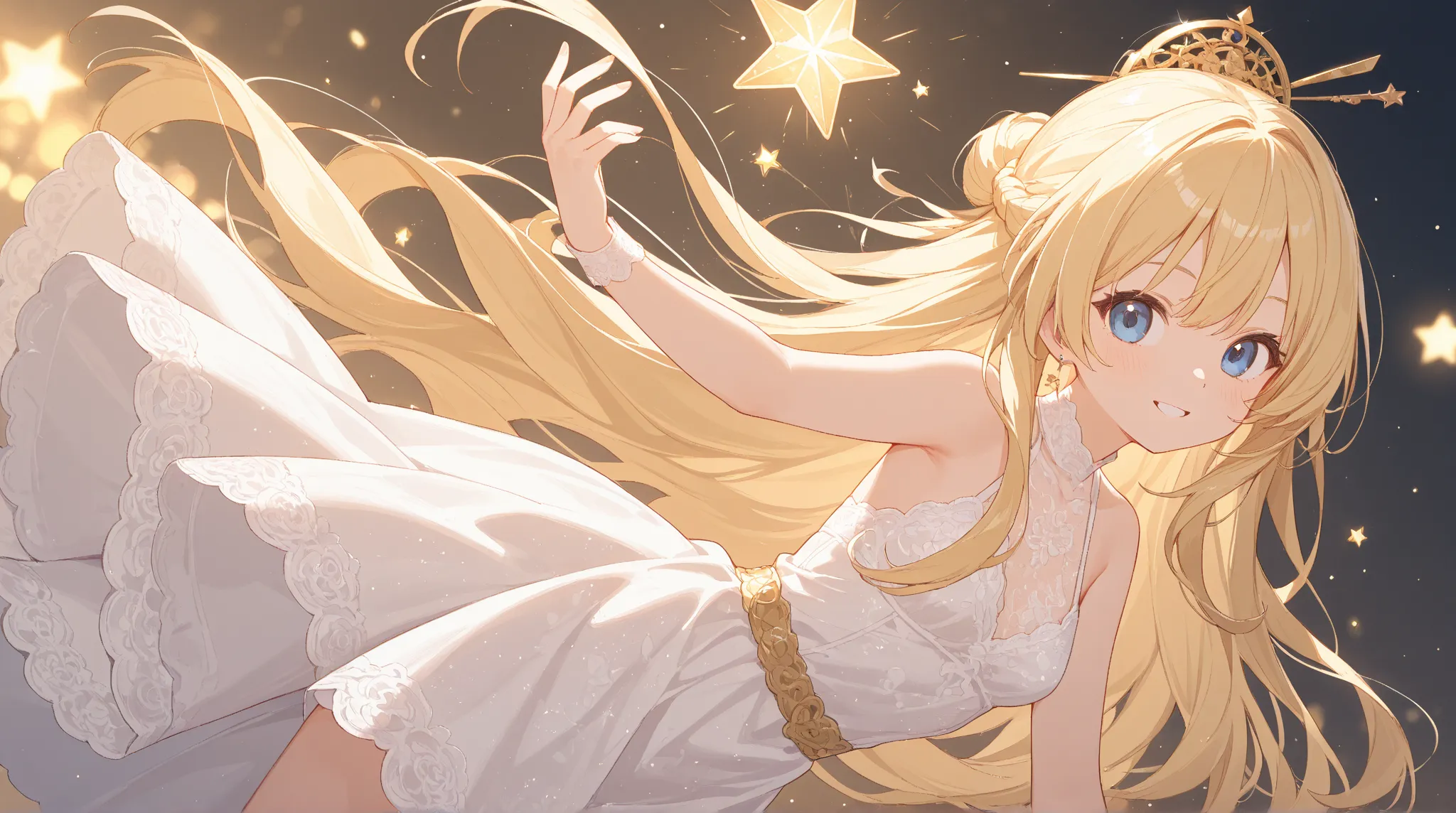 A long blonde hair girl with blue eyes wearing a gold hairpin and white lace dress holding a star in hands