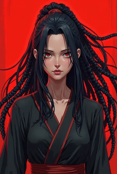 itachi version fille avec des locks et un fond rouge