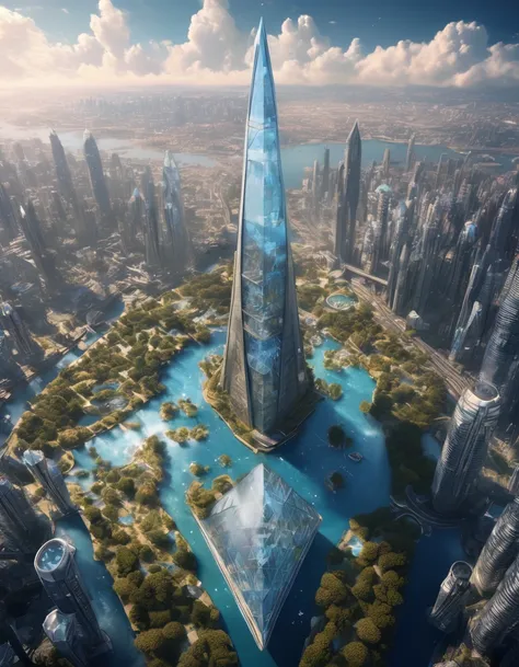 The top and bottom are shaped like triangles with glass burrs, are infinitely large, and there are many skyscrapers inside that look like sharp drills fused with Future City and nature。SF,blue sky,masterpiece,best quality, 100 times the height of the build...