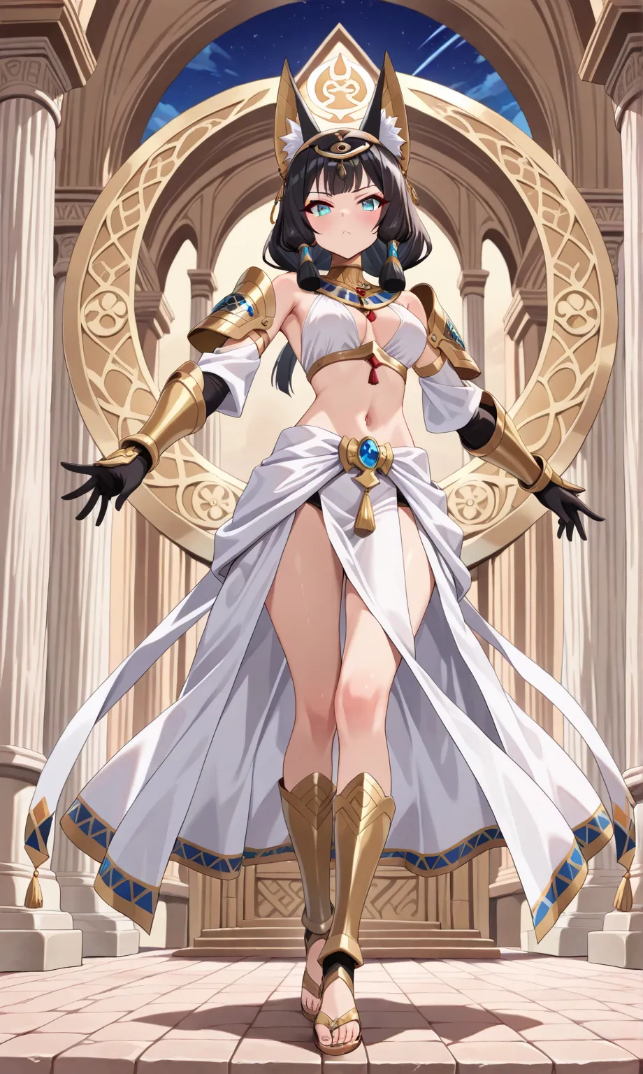 (((masterpiece, best quality, high detailed, 16k))) (1girl) A graceful warrior with feline features, her sleek black hair falling to her shoulders, eyes glowing golden like a cat’s. She wears golden armor with elegant Egyptian motifs, adorned with sharp, c...