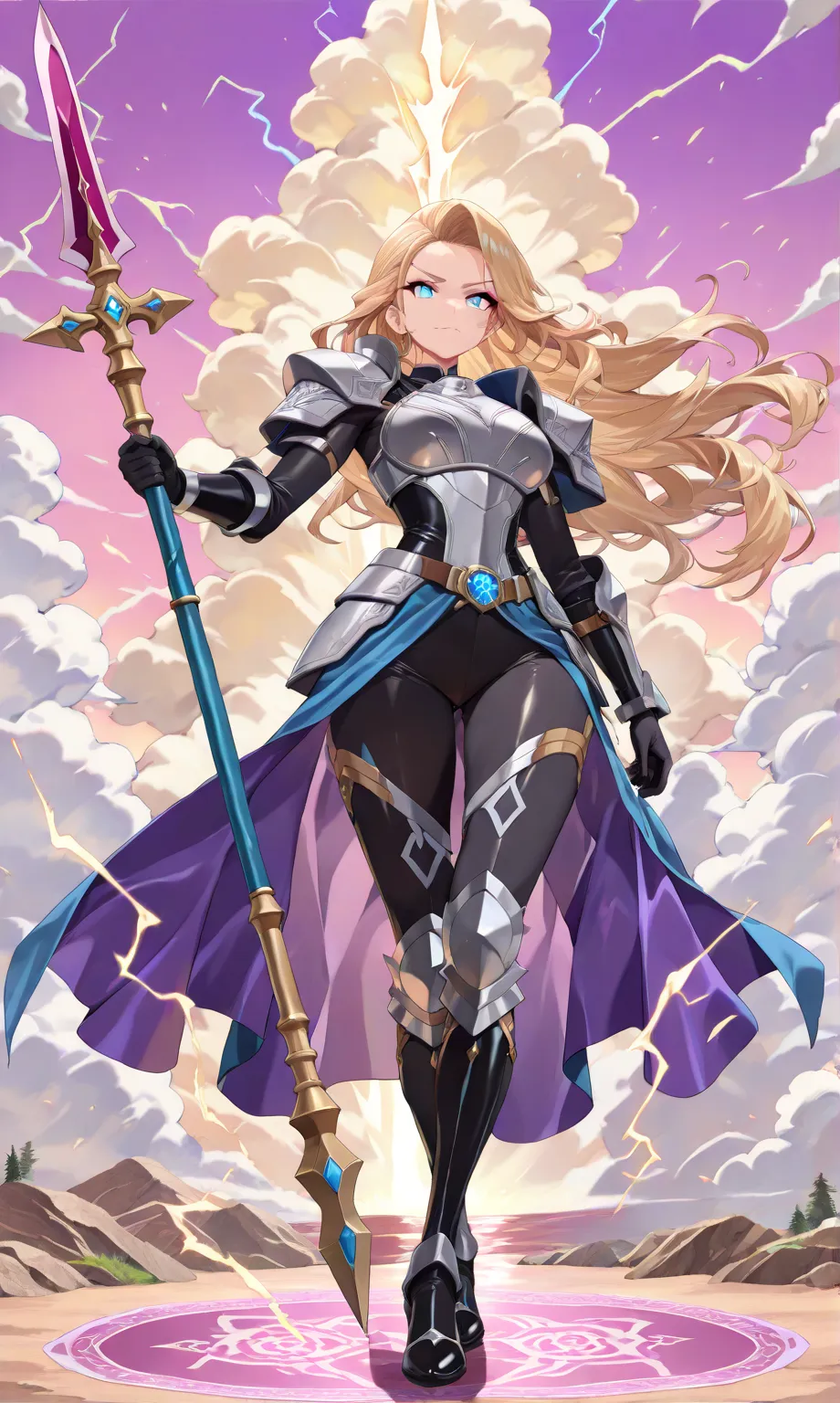 (((masterpiece, best quality, high detailed, 16k))) (1girl) A stormy figure with wild, flowing hair that crackles with electricity. She wears armor with cloud-like patterns and wields a spear that shoots lightning. Thunder rumbles in the background as she ...