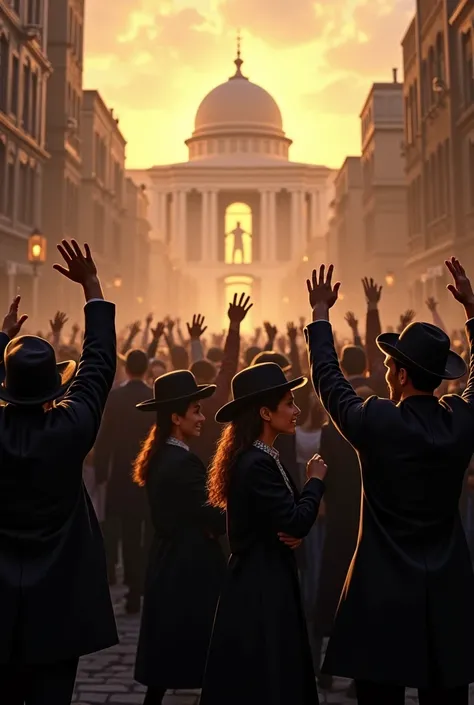 an image of several Orthodox Jews looking up celebrating the construction of the new temple. 