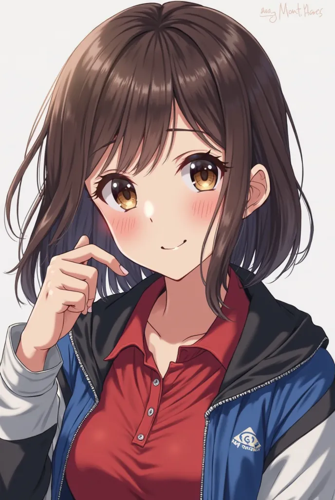 a cute and beautiful  anime girl portrait with an adorable smile.she has dark brown hair in her shoulders not too long. she has dark brown and shining eyes. she wears a red polo tshirt and a blue,white and black clolored motorcyle jacket. looks original an...