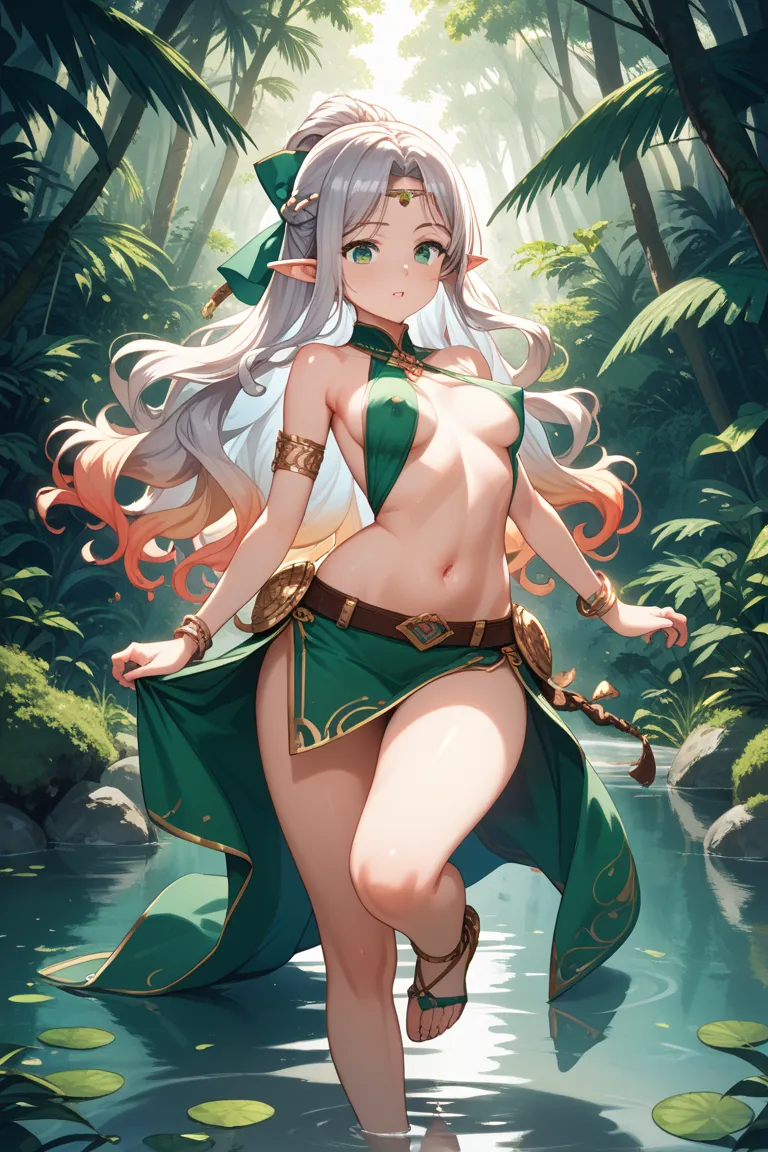 mature young elf woman in elf Wizard Robe with skirt design,on the waterfront,small breasts,bursting breasts,covered nipples,bursting breasts,unaligned breasts),bouncing breasts),sideboob,small Thongs,leg lift,Acrobatic Pose,silver bracelets,wood ankle bra...