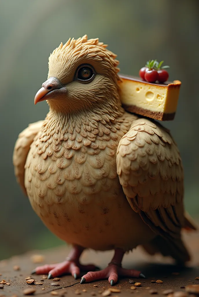 a pigeon with coffee texture with a cheescake and human face 