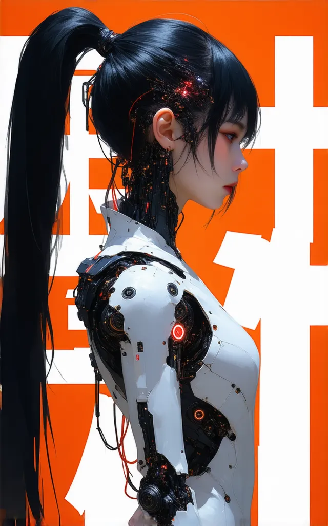 
A cyberpunk-inspired female character with a futuristic and elegant design. She has long black hair styled in a high ponytail with red and black wires intertwined, adorned with small bunny-shaped cybernetic ornaments. Her face is delicate with soft featur...