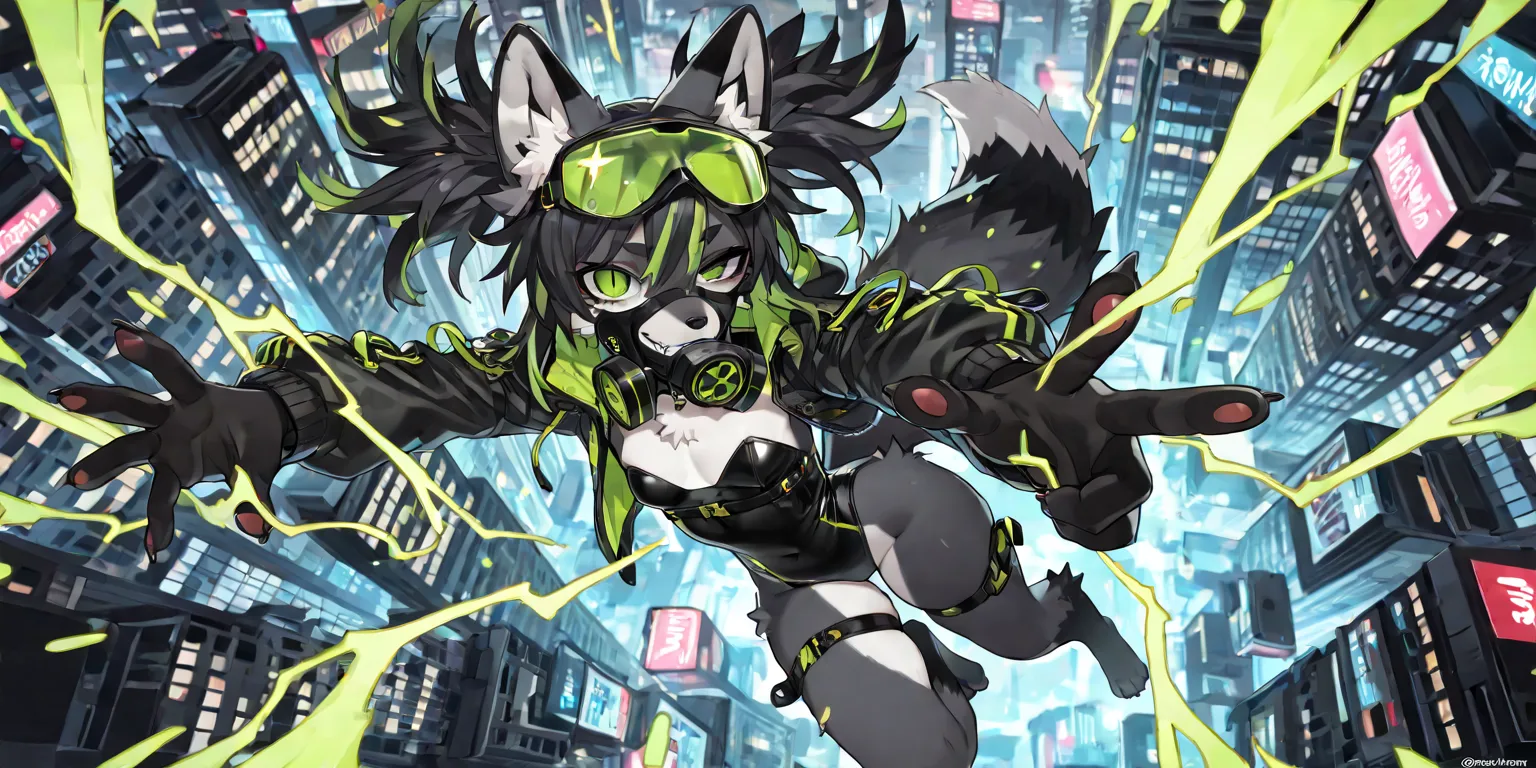 [[jumping, in the air]], BREAK, 1girl, (black fox furry female:1.4), black hair with twintails, green streaks and highlights in hair, fox ears, mature, ruffled hair, fangs, black thick eyebrows, neon green eyes, black eyeliner, black mascara, grin, evil fa...