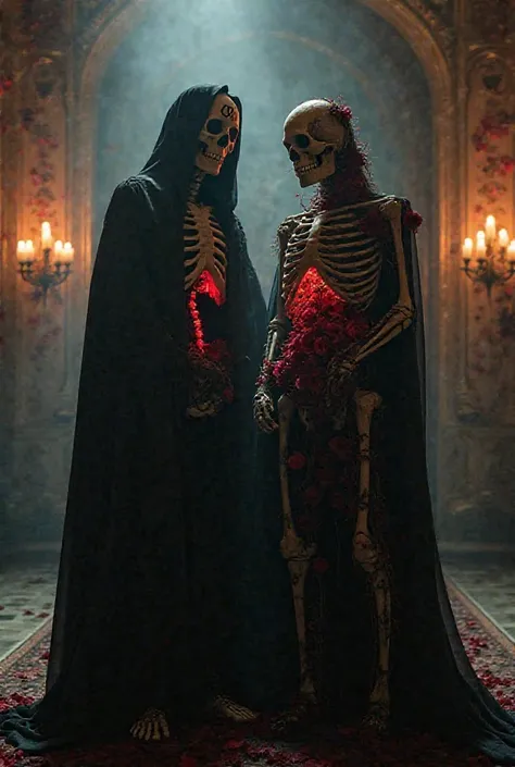 In a grand, dimly lit gothic mansion, two hauntingly beautiful skeletal figures stand amidst flickering candlelight and creeping shadows. Hoseok, The Lich-Touched Adonis, is draped in flowing black silk, his half-bone, half-decayed porcelain face adorned w...