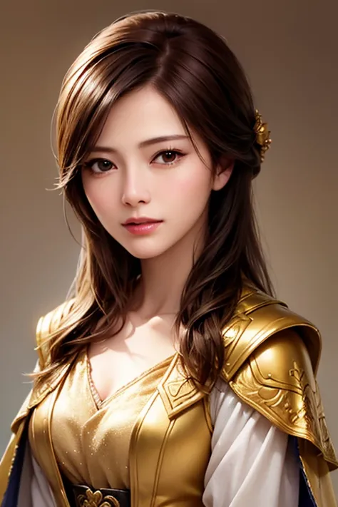 ((Closeup of a woman in golden armor and a waist-length cloak:1.2)), 1 person, shortcut ,20 years old,((( real face))),Small Cleavage,((( show me my chest))),Scary face, Highly Detailed Face and Skin Textures, Obsessed with  ,    Chinese Warrior   ,   perf...