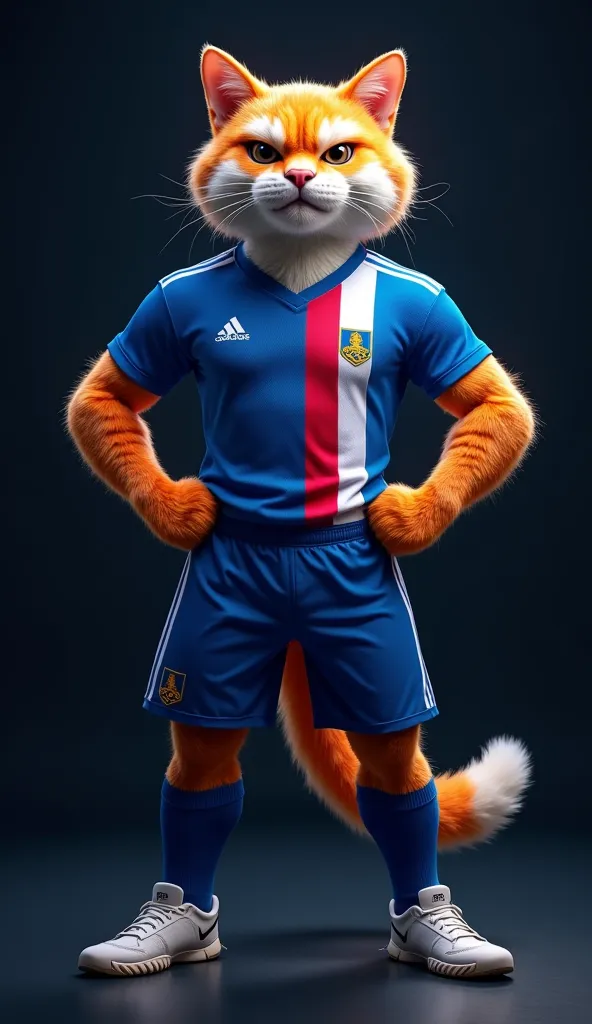 A fierce-looking anthropomorphic cat mascot for an e-sports team. The cat stands confidently with its hands on its waist in a powerful pose, exuding dominance and strength. It wears a professional uniform: a blue, light blue, and red jersey with vertical s...