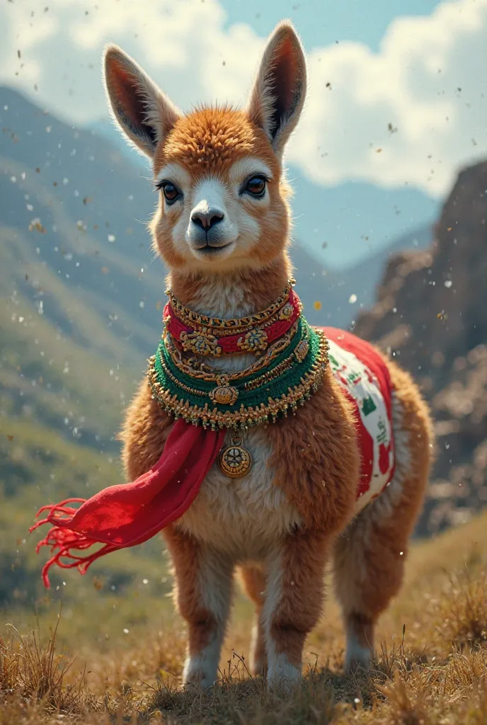 Create a vicuña like a hero with a Peruvian flag and wearing the clothes of some hero, Let it be a symbol of inspiration