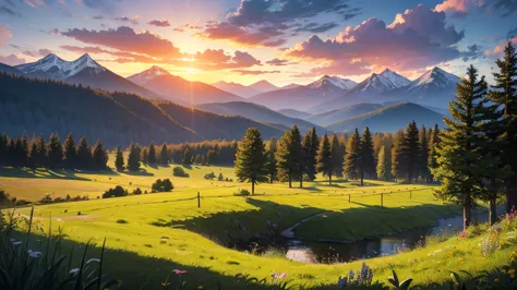 Beautiful scenery, quiet atmosphere, relaxed vivek, beautiful green meadow in the center of the picture is dirt road, wooden fence. Next to the road there are big trees surrounded by meadow, beautiful mountains, many pine forests lined up, small streams fl...