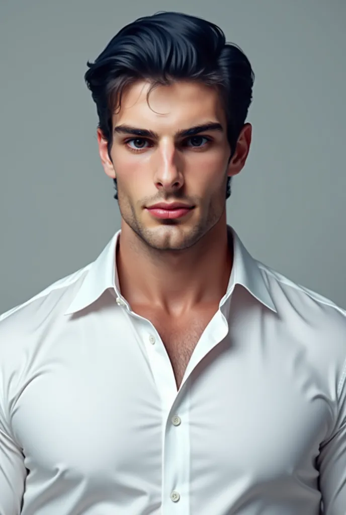 (professional man with elegant clothes), (without a beard,) (blue eyes) ( portrait) Elegant and serious appearance, dark blue hair, Elegant and elegant, and strong body very formal white shirt, (realistic and high-quality image), ((Best Quality, 8k, master...