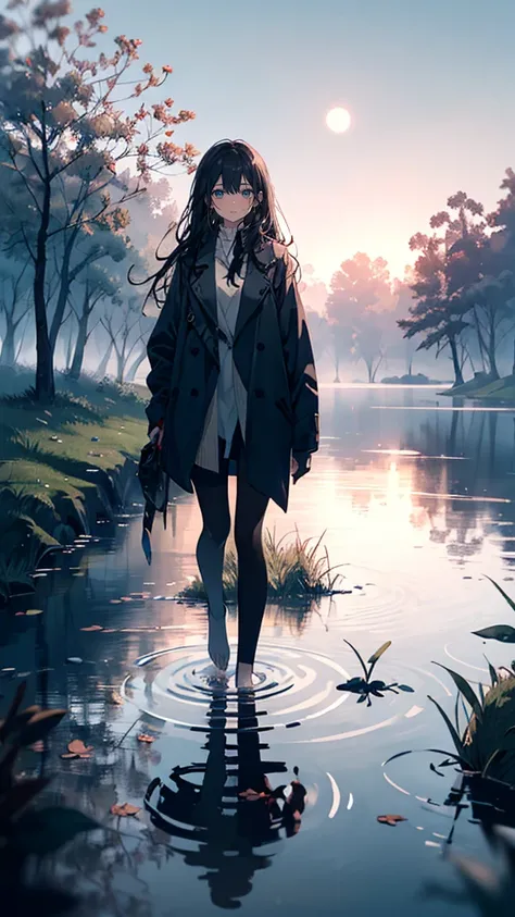 A gentle but anxious age girl with semi-long black hair, standing **several steps away from the edge of a still lake**, her feet firmly planted **on dry ground**, surrounded by fallen leaves and grass, completely avoiding the water, looking cautiously at t...